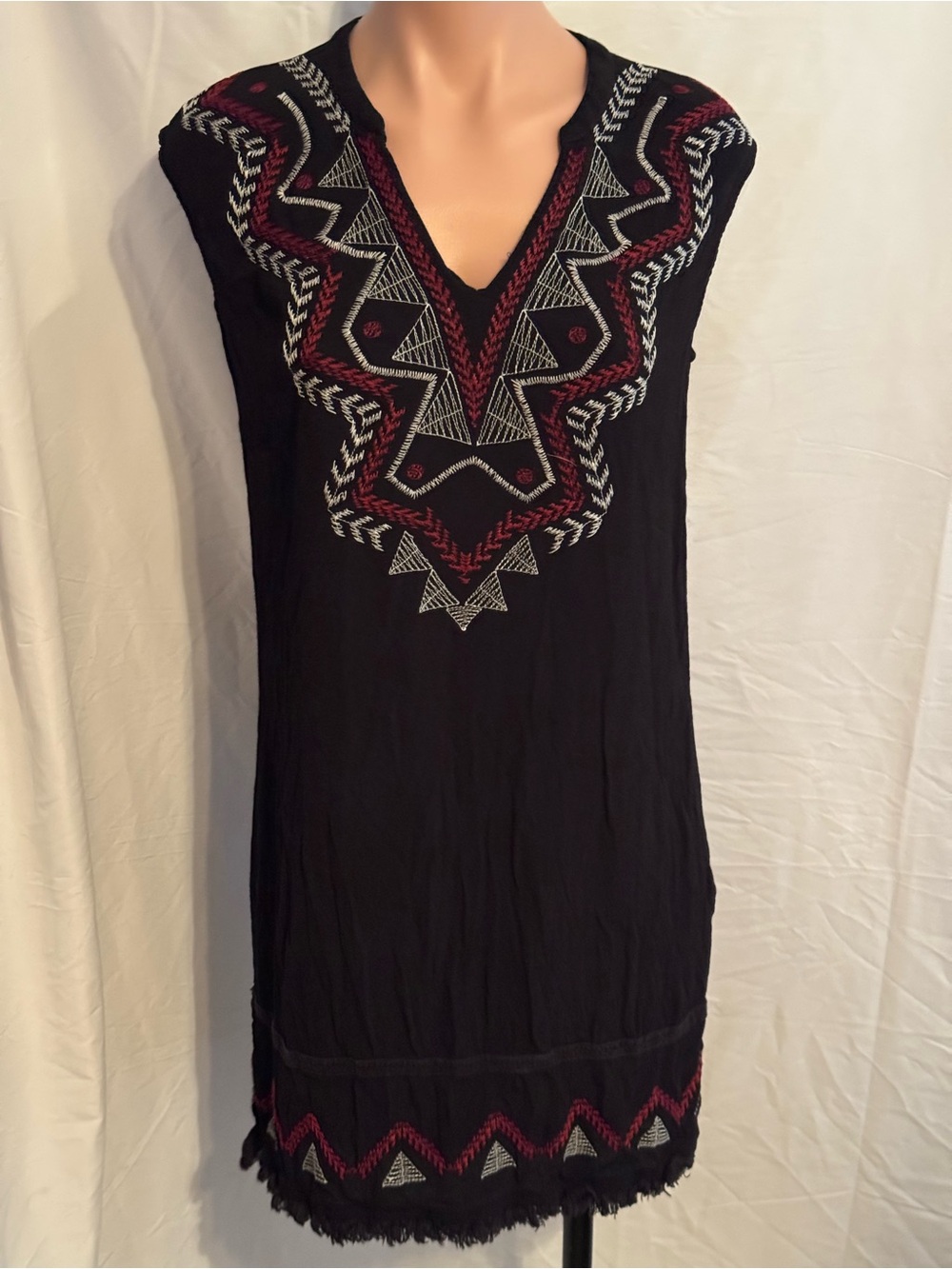 Black Embroidered V-Neck Shift Dress with Red & White Tribal Accents
